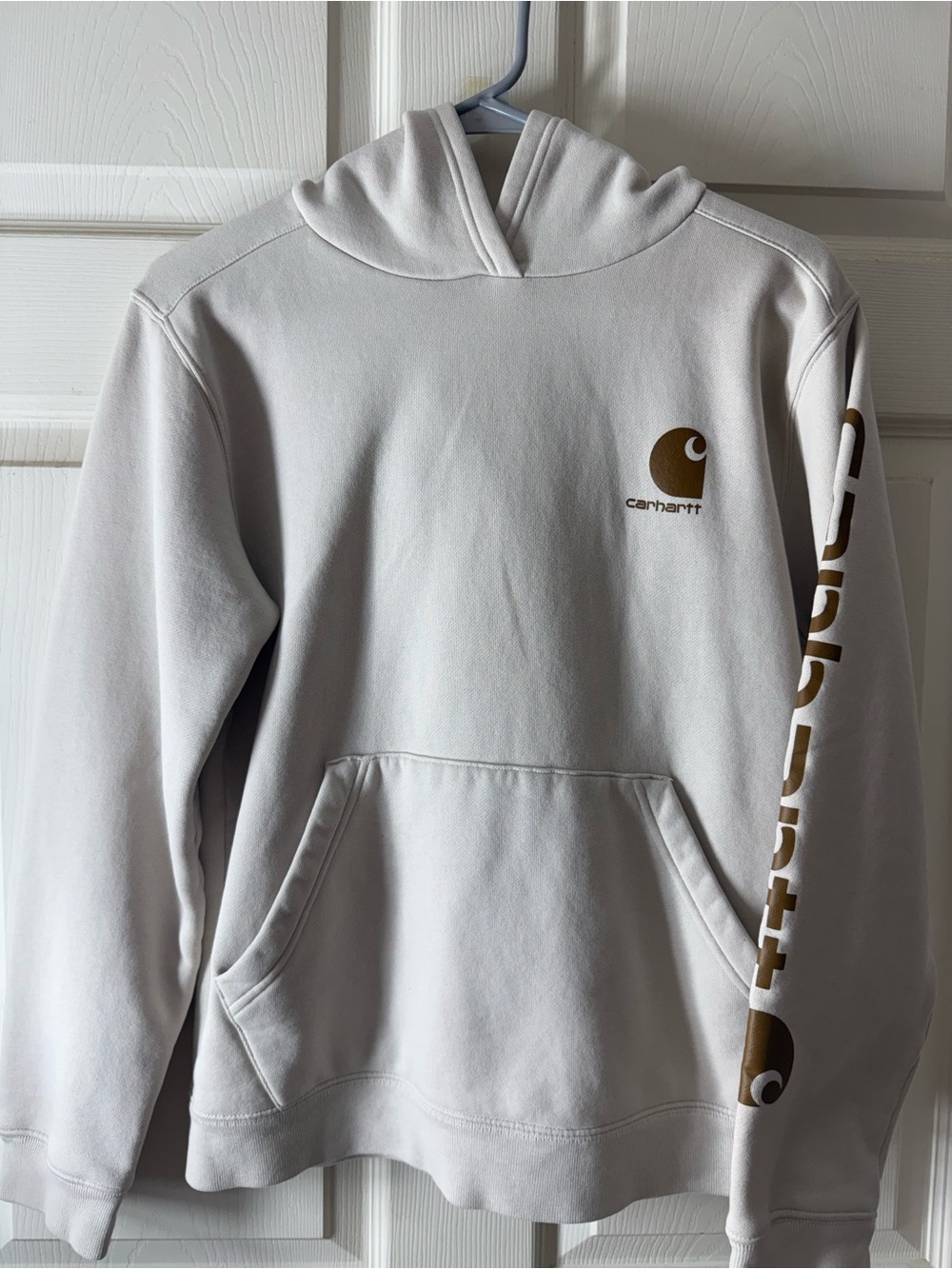 Carhartt Cream Hooded Sweatshirt with Brown Logo and Sleeve Text
